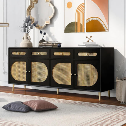 Space Galaxy Furniture Solid Sheesham Wood 4 Drawers & 4 Door Rattan Cane Sideboard & Cabinet With Storage