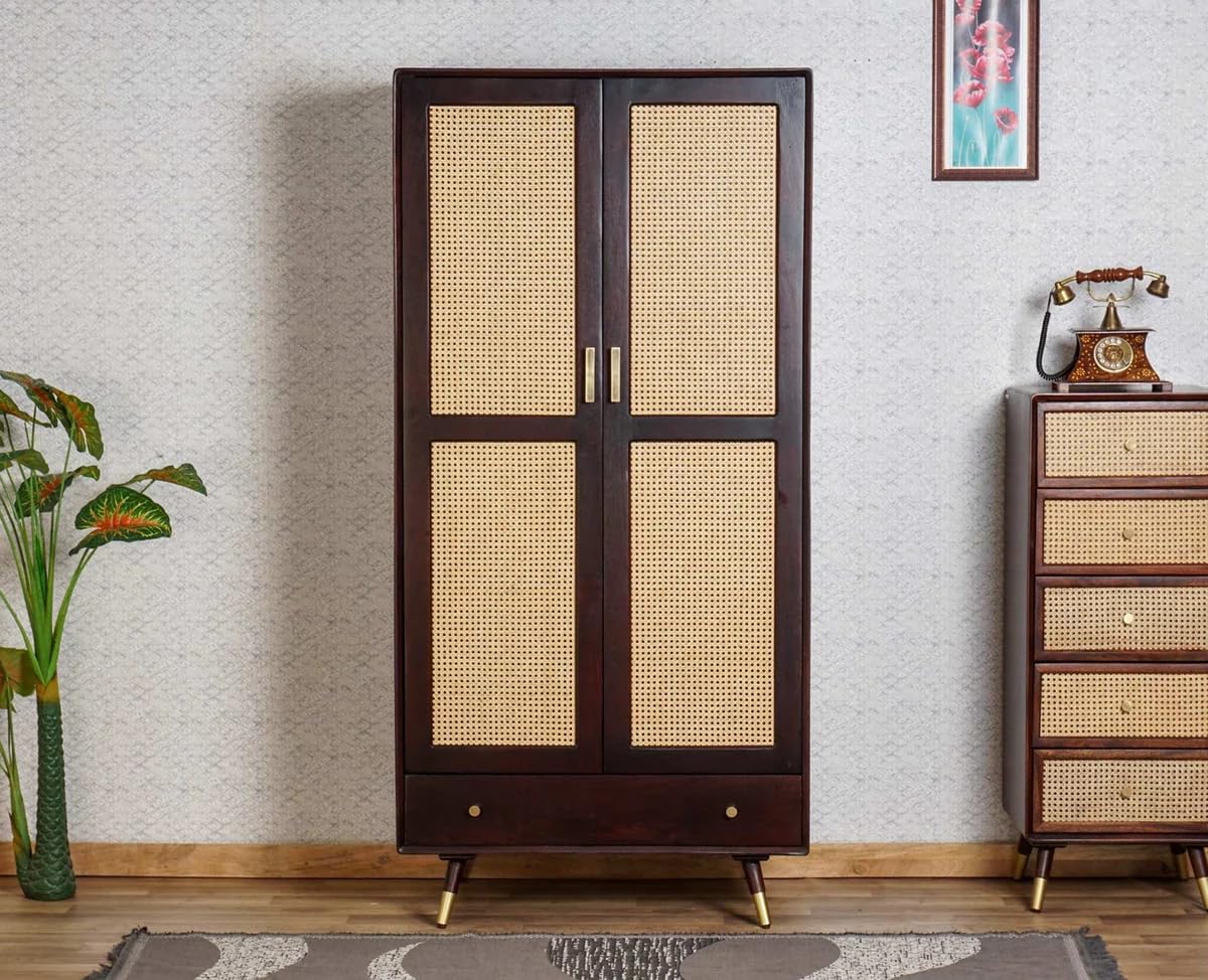 Space Galaxy Furniture Solid SheeshamRattan Cane Wardrobe | 2-Door Almirah with 3 Drawers, 6 Storage Shelves, 1 Hanging Rod Space | Wooden Cupboard, Walnut  Finish