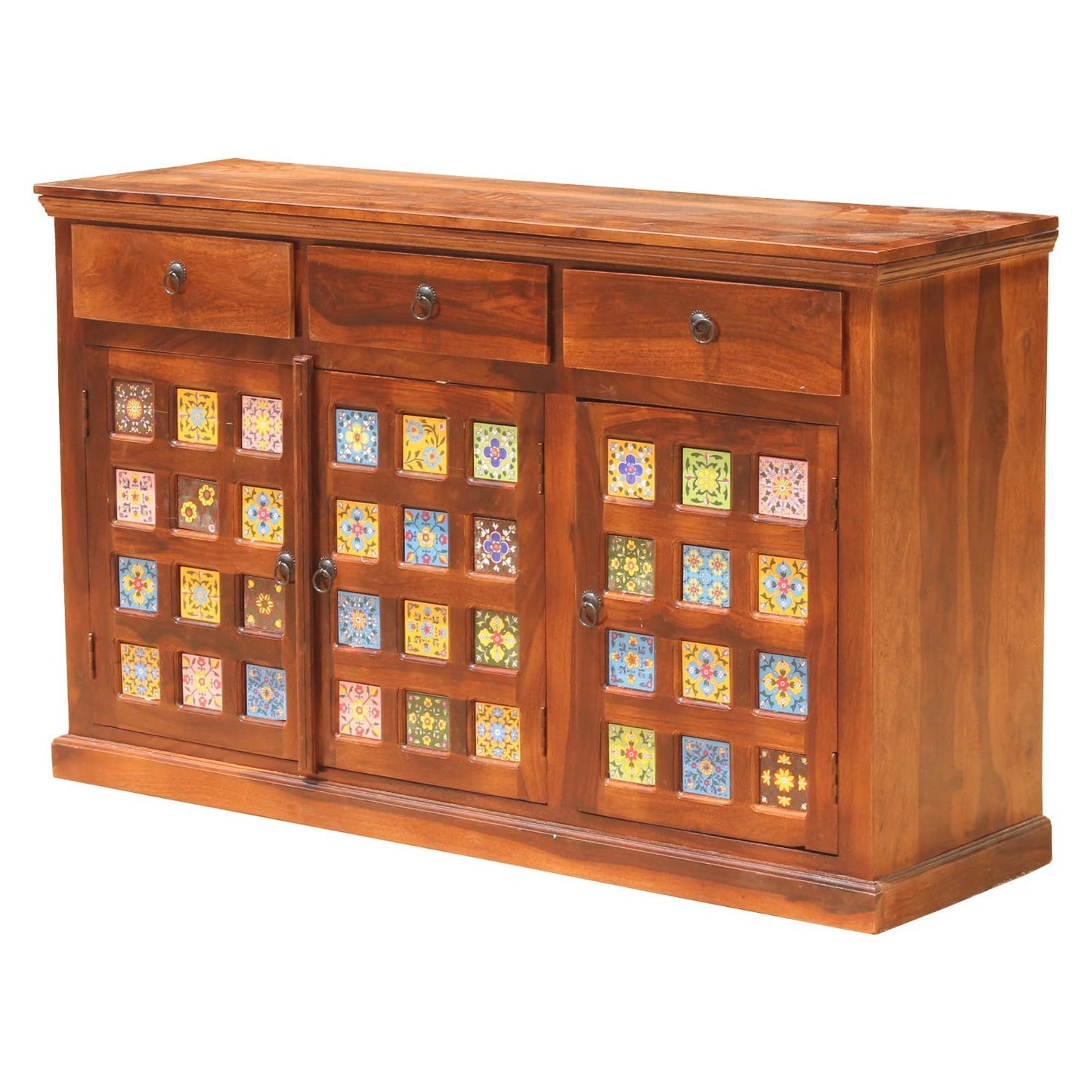 Space Galaxy Furniture Solid Sheesham Wood 3 Drawers & 3 Door tiles Sideboard & Cabinet With Storage