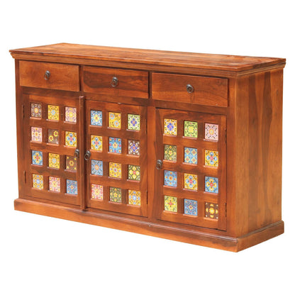 Space Galaxy Furniture Solid Sheesham Wood 3 Drawers & 3 Door tiles Sideboard & Cabinet With Storage
