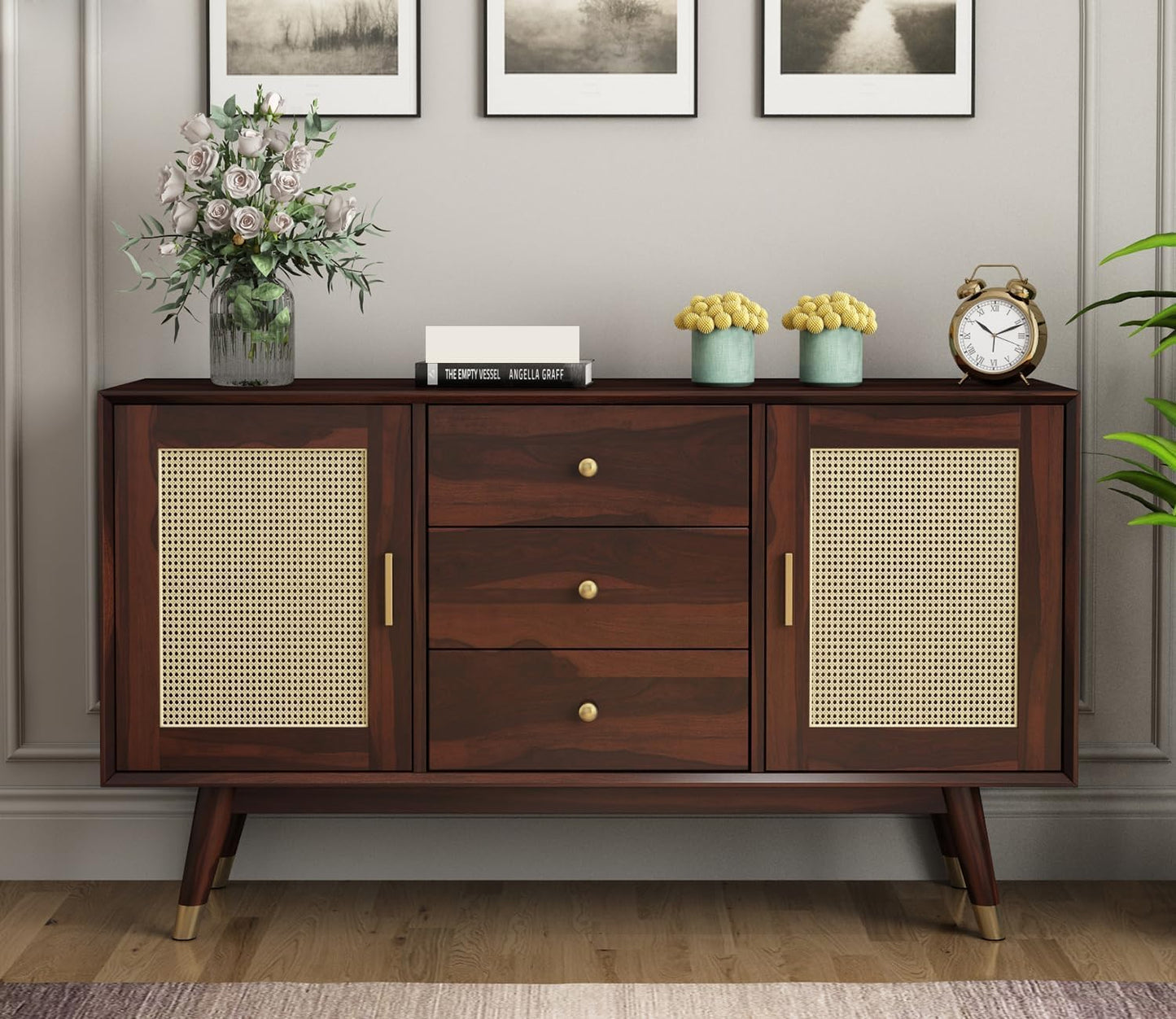 Space Galaxy Furniture Solid Sheesham Wood 3 Drawers & 2 Door Rattan Cane Sideboard & Cabinet With Storage