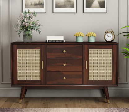 Space Galaxy Furniture Solid Sheesham Wood 3 Drawers & 2 Door Rattan Cane Sideboard & Cabinet With Storage