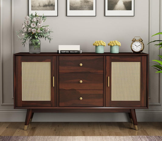 Space Galaxy Furniture Solid Sheesham Wood 3 Drawers & 2 Door Rattan Cane Sideboard & Cabinet With Storage