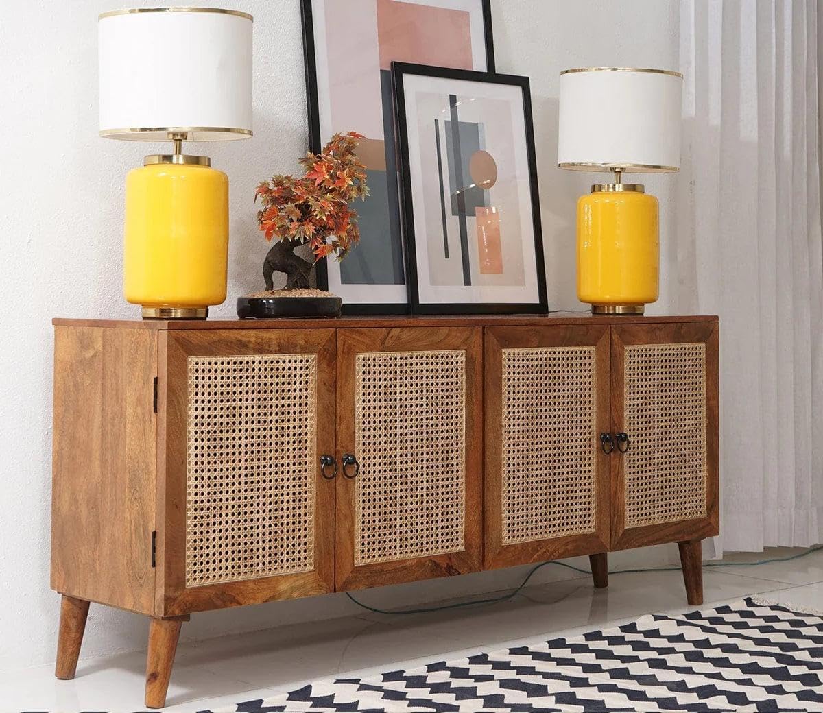 Space Galaxy Furniture Solid Sheesham Wood 4 Door Rattan Cane Sideboard & Cabinet With Storage
