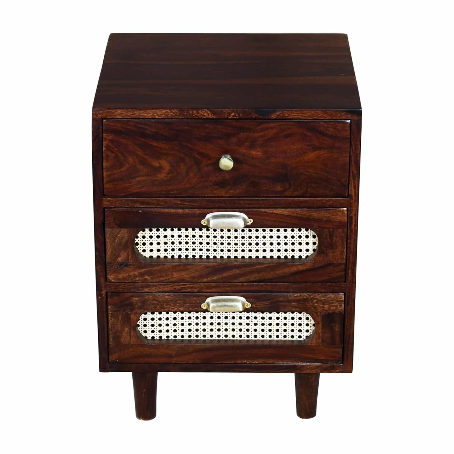 Space Galaxy Furniture Solid Sheesham Bedside Table Rattan Cane Nightstand Lamp Table with 3 Drawers Storage Walnut Finish