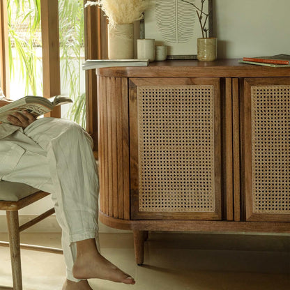 Space Galaxy Furniture Solid Sheesham Wood 2 Door Rattan Cane Sideboard & Cabinet With Storage