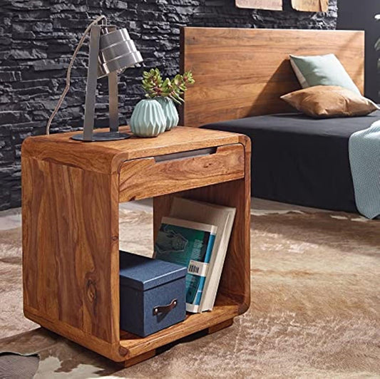 Space Galaxy Furniture Solid Sheesham Bedside Table Nightstand Lamp Table with Nightstand with 1 Door Cabinet & 1 Drawer Storage | Natural Finish