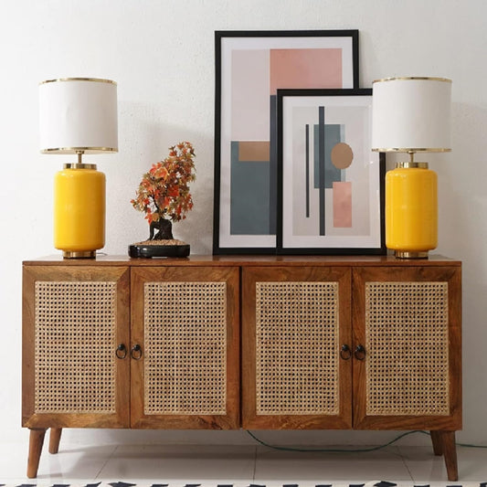 Space Galaxy Furniture Solid Sheesham Wood 4 Door Rattan Cane Sideboard & Cabinet With Storage