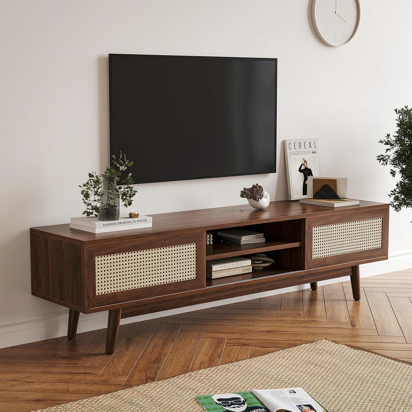 Space Galaxy Furniture Solid Sheesham TV Unit | Mid Century Modern TV Stand with Rattan Cane 2 Doors, & Two Shelf | Entertainment Cabinet | Dark Walnut