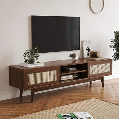 Space Galaxy Furniture Solid Sheesham TV Unit | Mid Century Modern TV Stand with Rattan Cane 2 Doors, & Two Shelf | Entertainment Cabinet | Dark Walnut