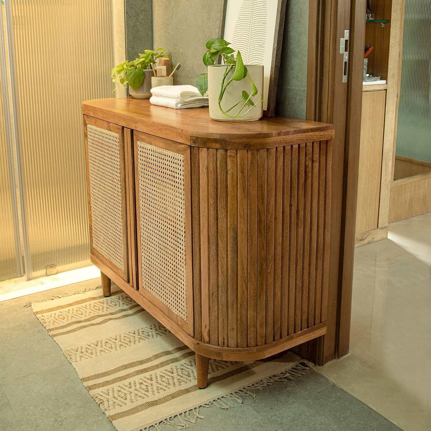 Space Galaxy Furniture Solid Sheesham Wood 2 Door Rattan Cane Sideboard & Cabinet With Storage