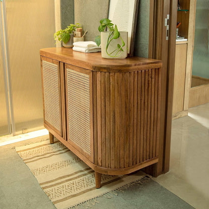 Space Galaxy Furniture Solid Sheesham Wood 2 Door Rattan Cane Sideboard & Cabinet With Storage