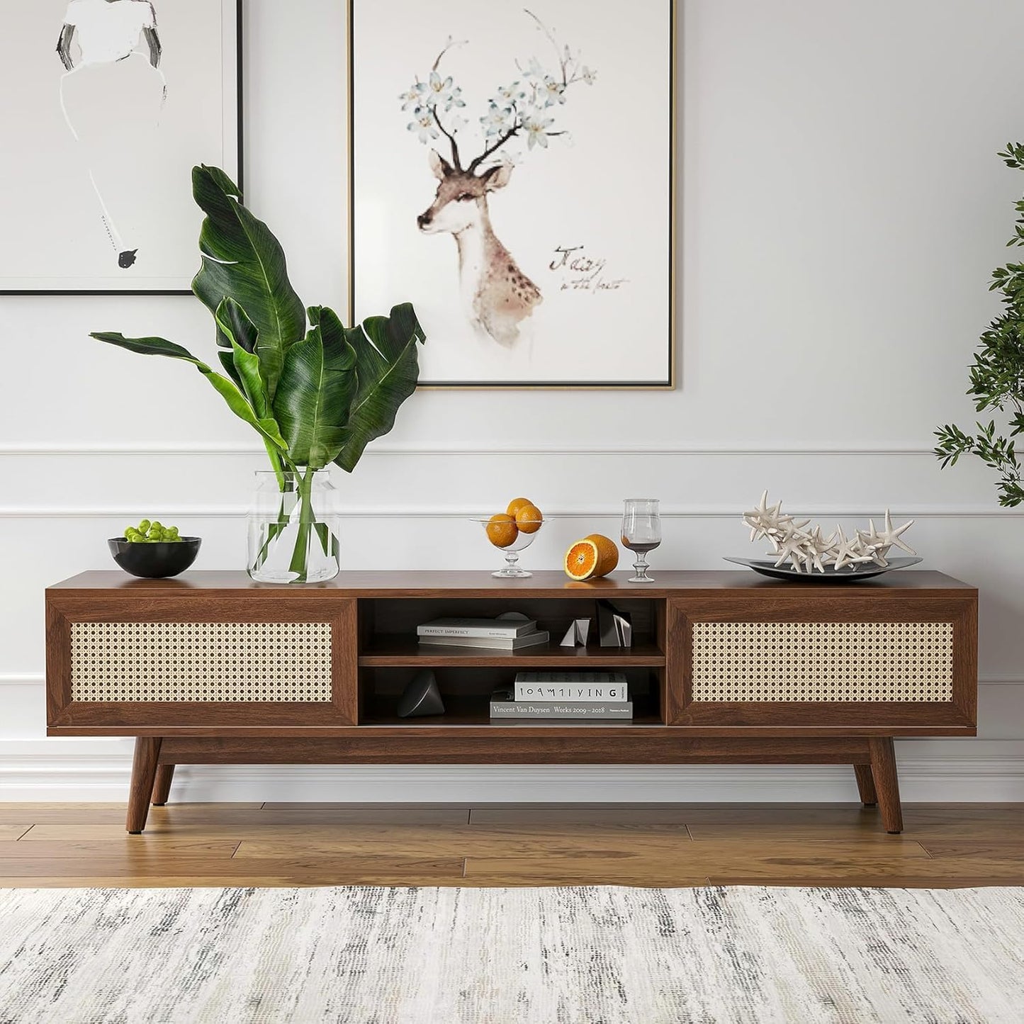 Space Galaxy Furniture Solid Sheesham TV Unit | Mid Century Modern TV Stand with Rattan Cane 2 Doors, & Two Shelf | Entertainment Cabinet | Dark Walnut