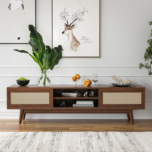 Space Galaxy Furniture Solid Sheesham TV Unit | Mid Century Modern TV Stand with Rattan Cane 2 Doors, & Two Shelf | Entertainment Cabinet | Dark Walnut