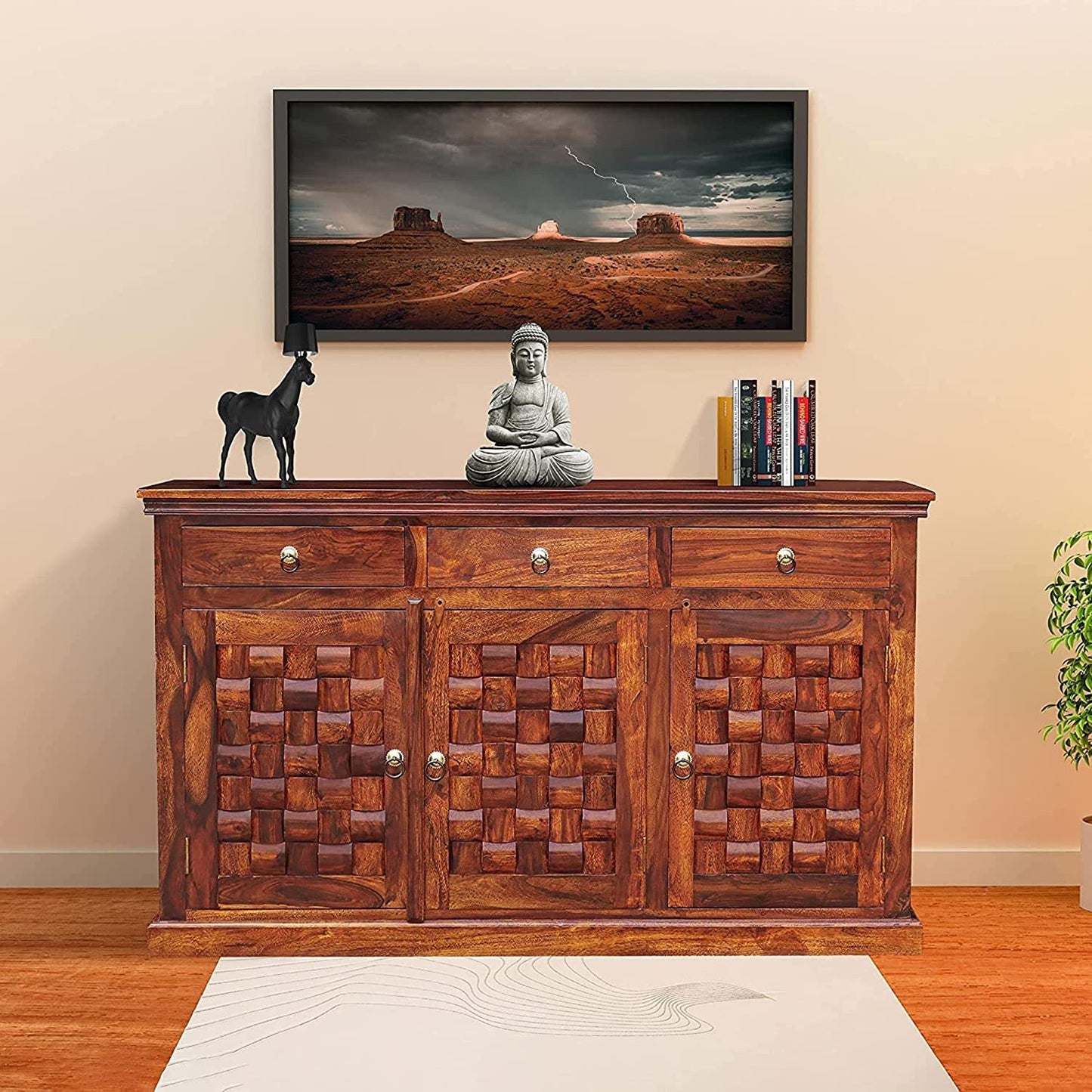 Space Galaxy Furniture Solid Sheesham Wood 3 Drawers & 3 Door tiles Sideboard & Cabinet With Storage