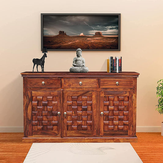 Space Galaxy Furniture Solid Sheesham Wood 3 Drawers & 3 Door tiles Sideboard & Cabinet With Storage