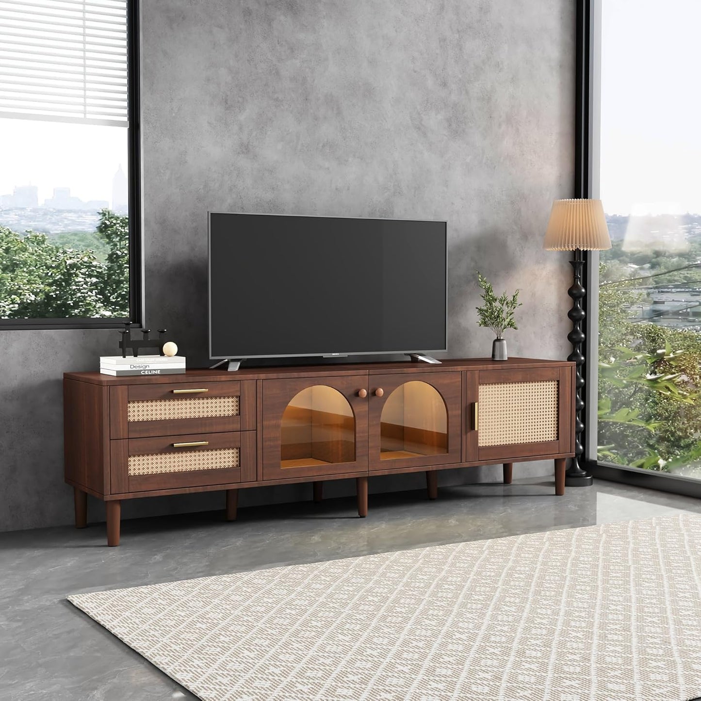 Space Galaxy Furniture Solid Sheesham TV Unit | Mid Century Modern TV Stand with Rattan Cane 3 Doors, & Two Shelf | Entertainment Cabinet | Provincial Teak Finish