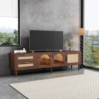 Space Galaxy Furniture Solid Sheesham TV Unit | Mid Century Modern TV Stand with Rattan Cane 3 Doors, & Two Shelf | Entertainment Cabinet | Provincial Teak Finish