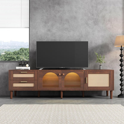 Space Galaxy Furniture Solid Sheesham TV Unit | Mid Century Modern TV Stand with Rattan Cane 3 Doors, & Two Shelf | Entertainment Cabinet | Provincial Teak Finish