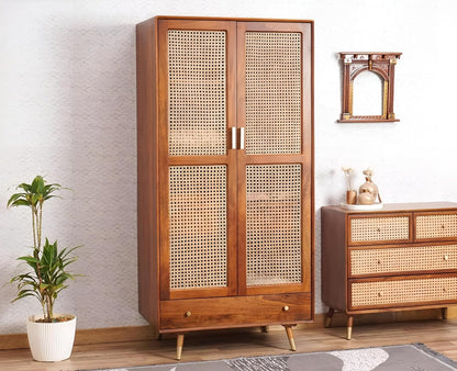 Space Galaxy Furniture Solid Sheesham Rattan Cane Wardrobe | 2-Door Almirah with 3 Drawers, 6 Storage Shelves, 1 Hanging Rod Space | Wooden Cupboard, Natural Finish