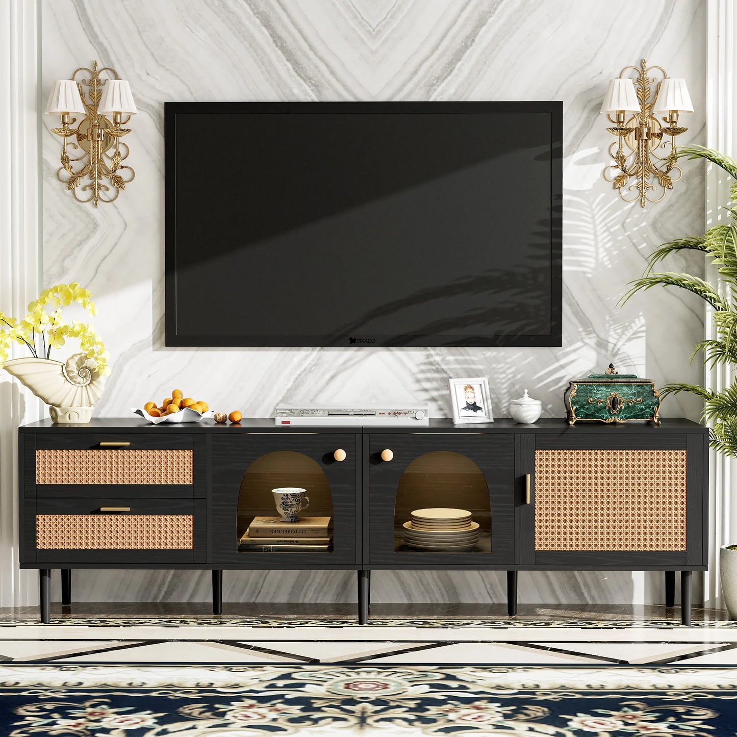 Space Galaxy Furniture Solid Mango TV Unit | Mid Century Modern TV Stand with Rattan Cane 3 Doors, & Two Drawers | Entertainment Cabinet | Z-black Finish