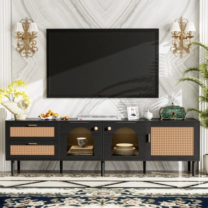 Space Galaxy Furniture Solid Mango TV Unit | Mid Century Modern TV Stand with Rattan Cane 3 Doors, & Two Drawers | Entertainment Cabinet | Z-black Finish