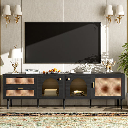 Space Galaxy Furniture Solid Mango TV Unit | Mid Century Modern TV Stand with Rattan Cane 3 Doors, & Two Drawers | Entertainment Cabinet | Z-black Finish