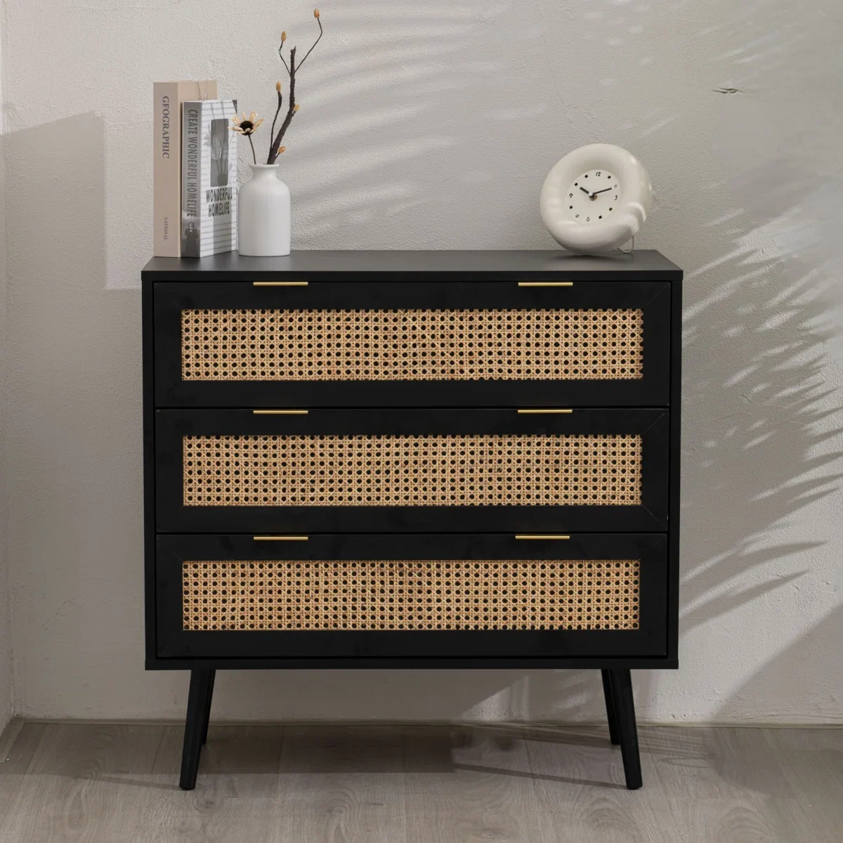 Space Galaxy Furniture Solid Sheesham Chest Of Drawers Rattan Cane | Storage Type: 3 Drawers | Finish:-Z-black