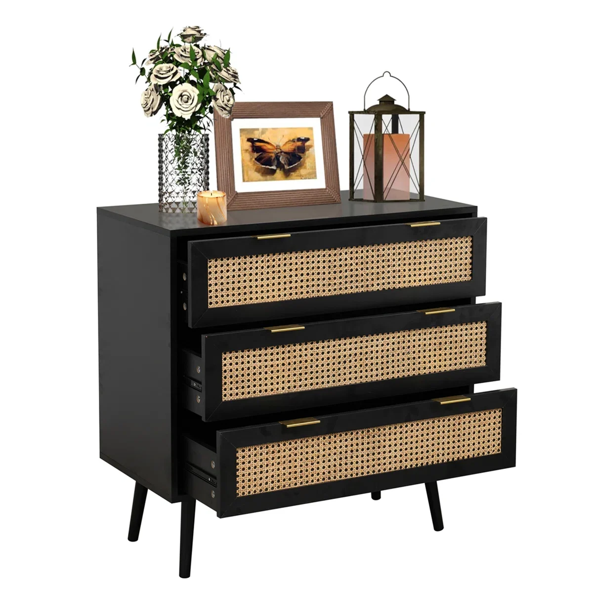 Space Galaxy Furniture Solid Sheesham Chest Of Drawers Rattan Cane | Storage Type: 3 Drawers | Finish:-Z-black