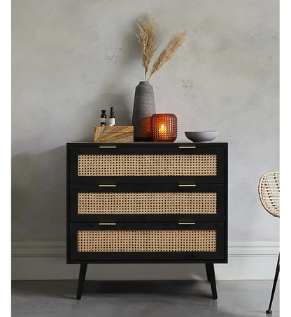 Space Galaxy Furniture Solid Sheesham Chest Of Drawers Rattan Cane | Storage Type: 3 Drawers | Finish:-Z-black