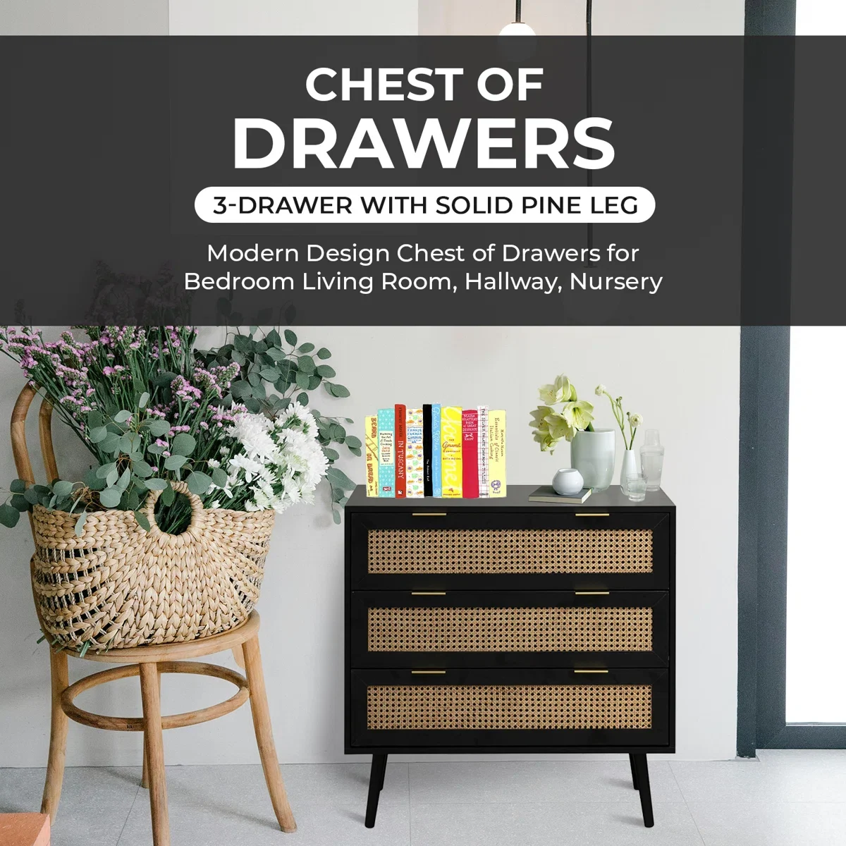 Space Galaxy Furniture Solid Sheesham Chest Of Drawers Rattan Cane | Storage Type: 3 Drawers | Finish:-Z-black