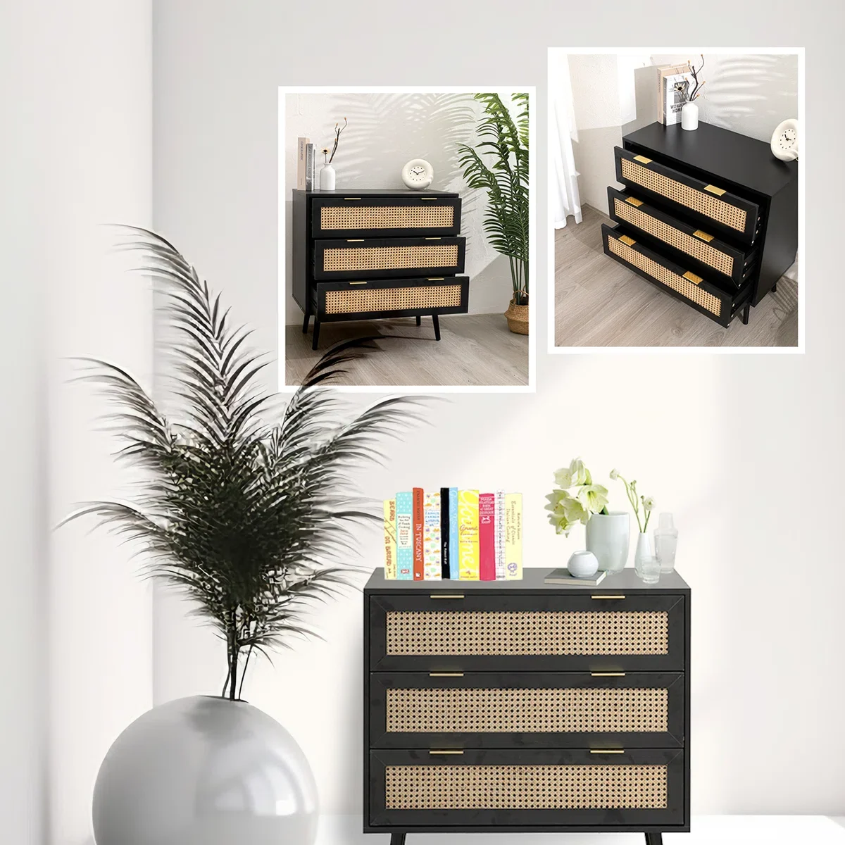 Space Galaxy Furniture Solid Sheesham Chest Of Drawers Rattan Cane | Storage Type: 3 Drawers | Finish:-Z-black