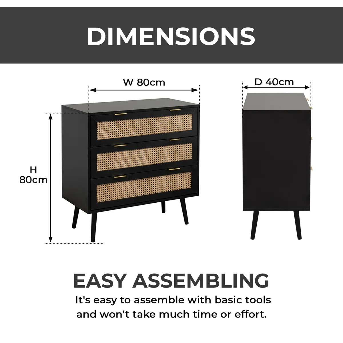 Space Galaxy Furniture Solid Sheesham Chest Of Drawers Rattan Cane | Storage Type: 3 Drawers | Finish:-Z-black