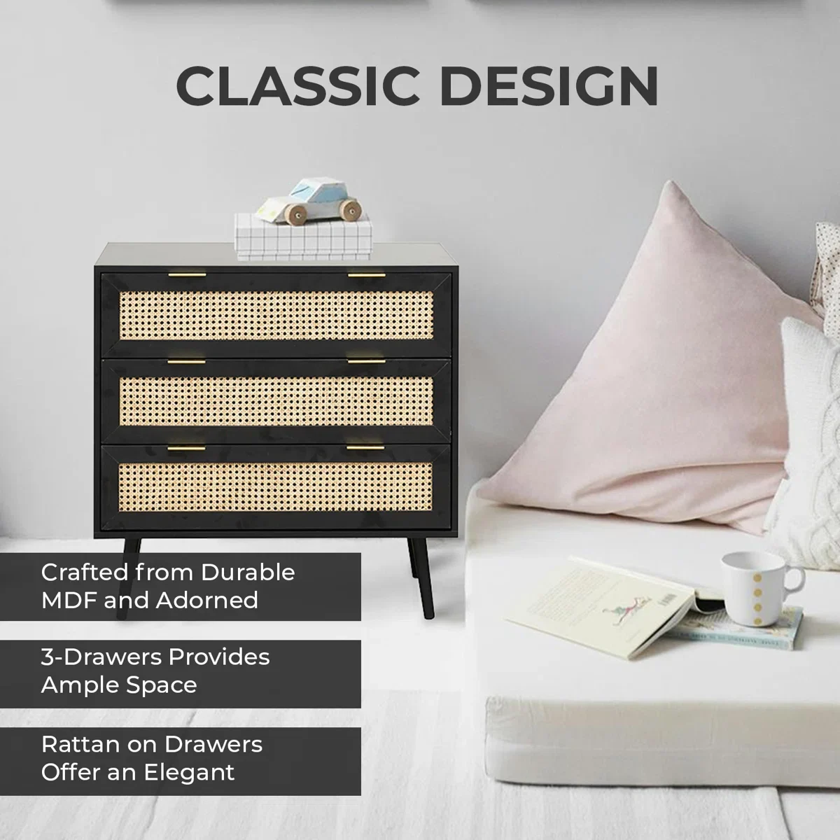 Space Galaxy Furniture Solid Sheesham Chest Of Drawers Rattan Cane | Storage Type: 3 Drawers | Finish:-Z-black