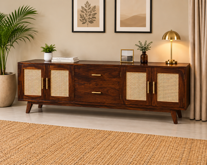 Space Galaxy Furniture Solid Sheesham Wood TV Unit | Mid Century Modern TV Stand with Rattan Cane 4 Doors, & Two Drawers | Entertainment Cabinet | Walnut Finish