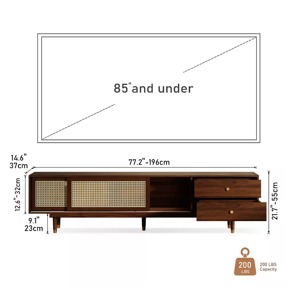 Space Galaxy Furniture Solid Sheesham TV Unit | Mid Century Modern TV Stand with Rattan Cane 2 Doors, & Two Drawers | Entertainment Cabinet | Provincial Teak Finish