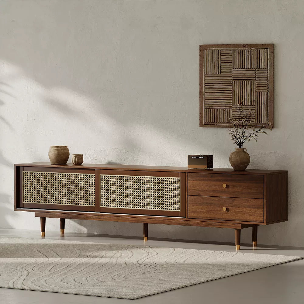Space Galaxy Furniture Solid Sheesham TV Unit | Mid Century Modern TV Stand with Rattan Cane 2 Doors, & Two Drawers | Entertainment Cabinet | Provincial Teak Finish