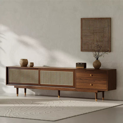Space Galaxy Furniture Solid Sheesham TV Unit | Mid Century Modern TV Stand with Rattan Cane 2 Doors, & Two Drawers | Entertainment Cabinet | Provincial Teak Finish
