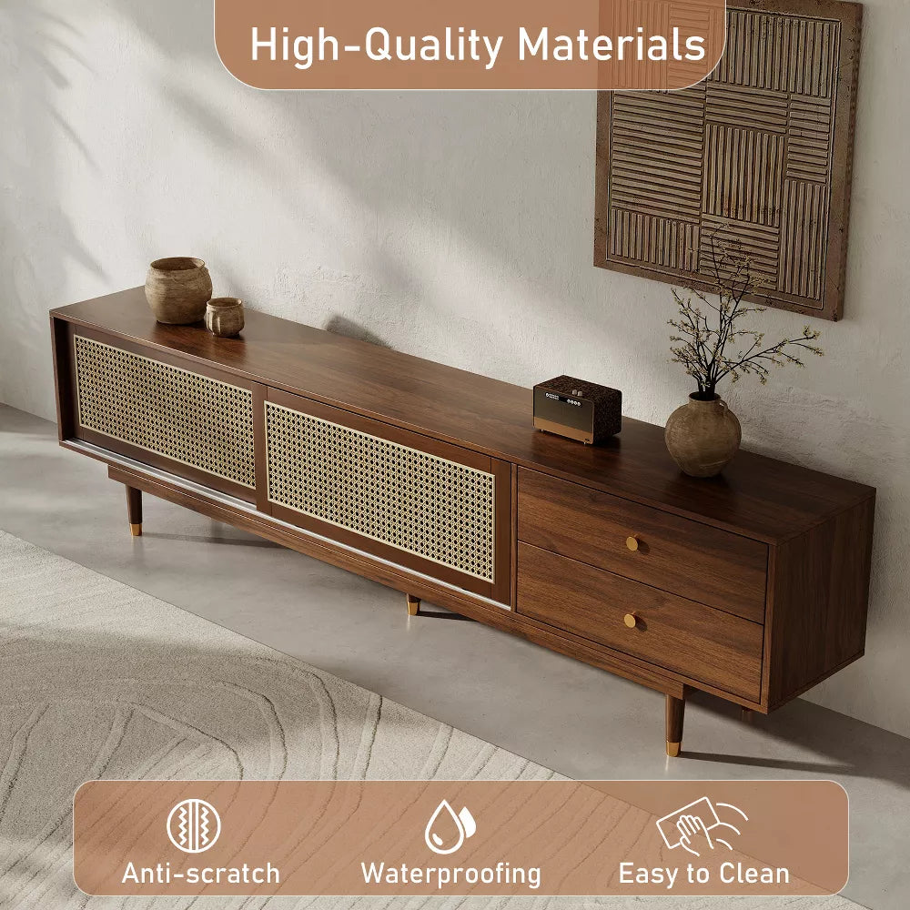 Space Galaxy Furniture Solid Sheesham TV Unit | Mid Century Modern TV Stand with Rattan Cane 2 Doors, & Two Drawers | Entertainment Cabinet | Provincial Teak Finish