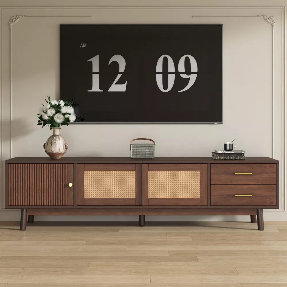 Space Galaxy Furniture Solid Sheesham TV Unit | Mid Century Modern TV Stand with Rattan Cane 3 Doors, & Two Drawers | Entertainment Cabinet | Provincial Teak Finish (Copy)