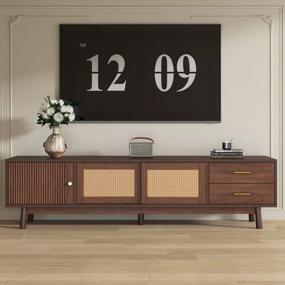 Space Galaxy Furniture Solid Sheesham TV Unit | Mid Century Modern TV Stand with Rattan Cane 3 Doors, & Two Drawers | Entertainment Cabinet | Provincial Teak Finish (Copy)