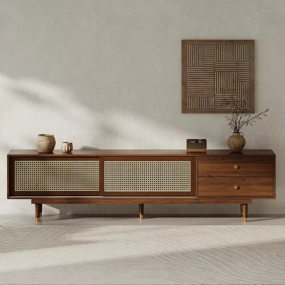 Space Galaxy Furniture Solid Sheesham TV Unit | Mid Century Modern TV Stand with Rattan Cane 2 Doors, & Two Drawers | Entertainment Cabinet | Provincial Teak Finish