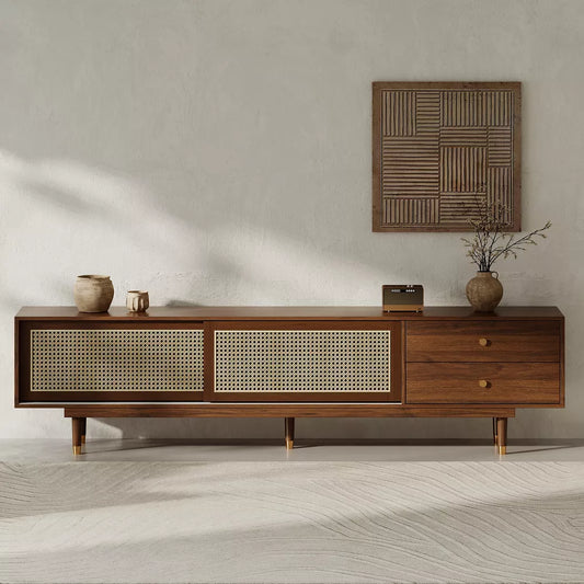 Space Galaxy Furniture Solid Sheesham TV Unit | Mid Century Modern TV Stand with Rattan Cane 2 Doors, & Two Drawers | Entertainment Cabinet | Provincial Teak Finish