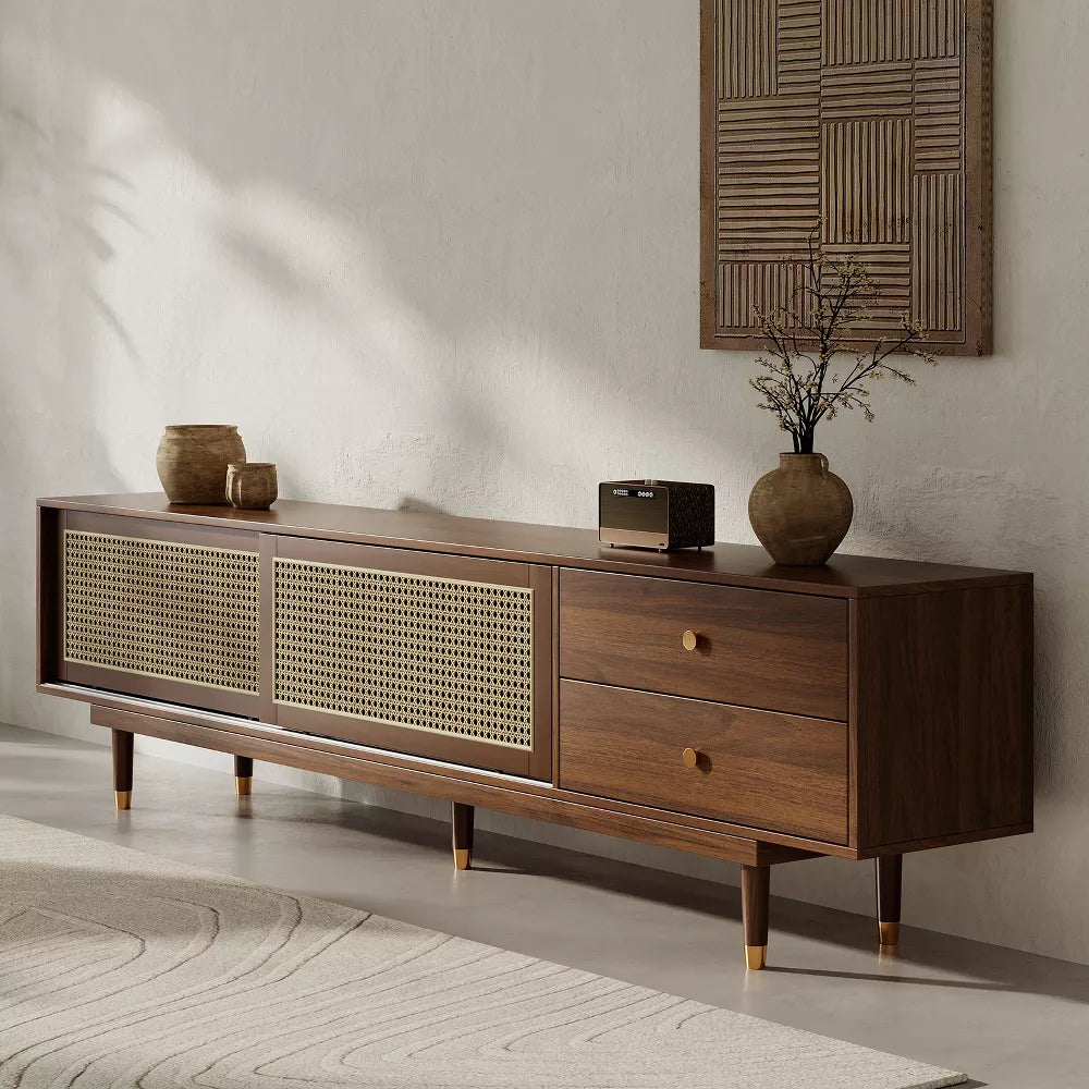 Space Galaxy Furniture Solid Sheesham TV Unit | Mid Century Modern TV Stand with Rattan Cane 2 Doors, & Two Drawers | Entertainment Cabinet | Provincial Teak Finish