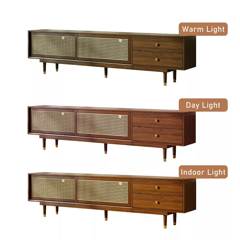 Space Galaxy Furniture Solid Sheesham TV Unit | Mid Century Modern TV Stand with Rattan Cane 2 Doors, & Two Drawers | Entertainment Cabinet | Provincial Teak Finish
