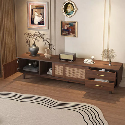 Space Galaxy Furniture Solid Sheesham TV Unit | Mid Century Modern TV Stand with Rattan Cane 3 Doors, & Two Drawers | Entertainment Cabinet | Provincial Teak Finish (Copy)