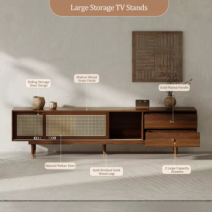 Space Galaxy Furniture Solid Sheesham TV Unit | Mid Century Modern TV Stand with Rattan Cane 2 Doors, & Two Drawers | Entertainment Cabinet | Provincial Teak Finish