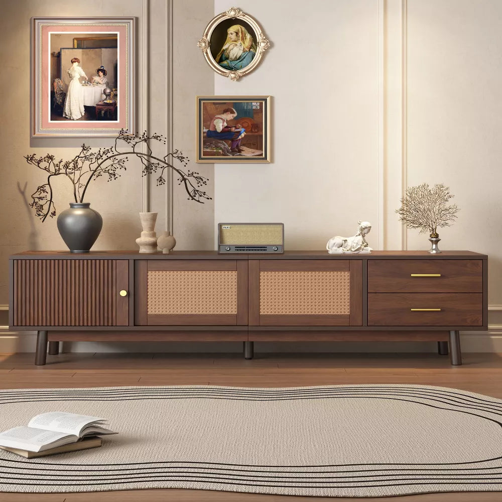 Space Galaxy Furniture Solid Sheesham TV Unit | Mid Century Modern TV Stand with Rattan Cane 3 Doors, & Two Drawers | Entertainment Cabinet | Provincial Teak Finish (Copy)