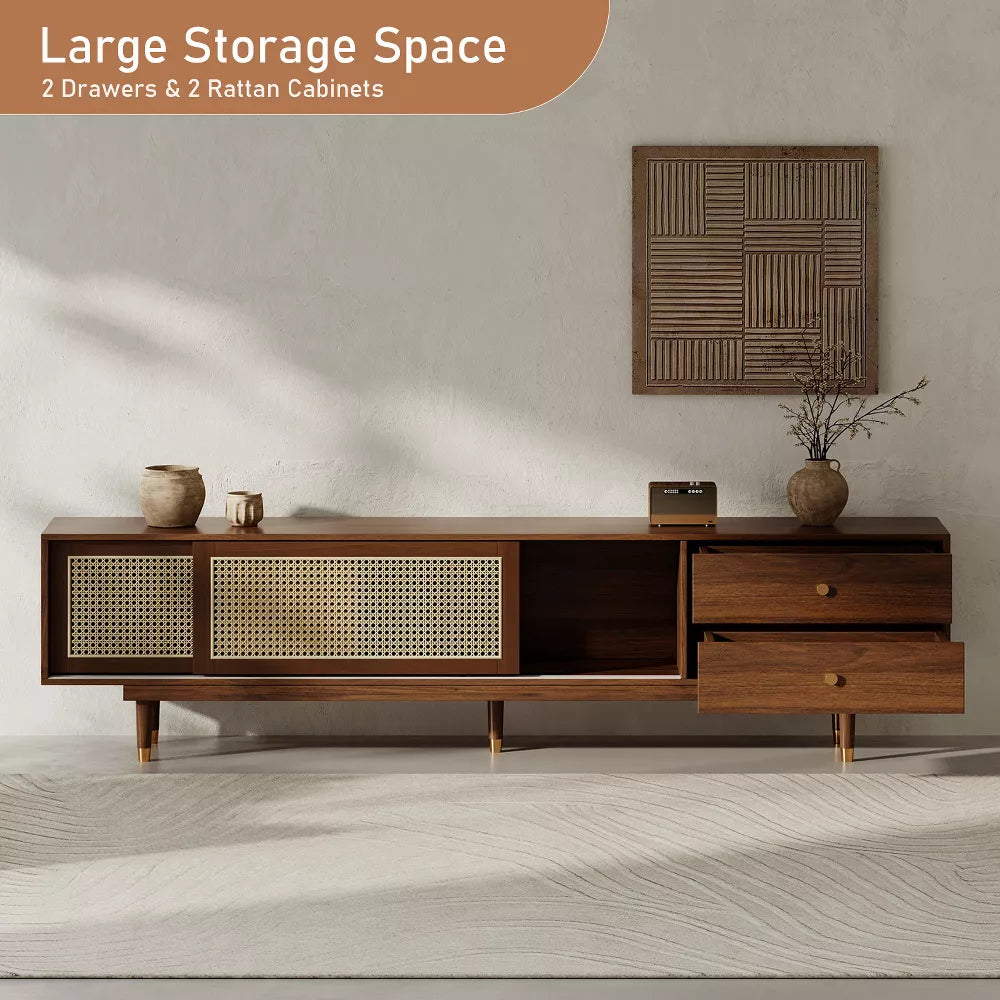 Space Galaxy Furniture Solid Sheesham TV Unit | Mid Century Modern TV Stand with Rattan Cane 2 Doors, & Two Drawers | Entertainment Cabinet | Provincial Teak Finish