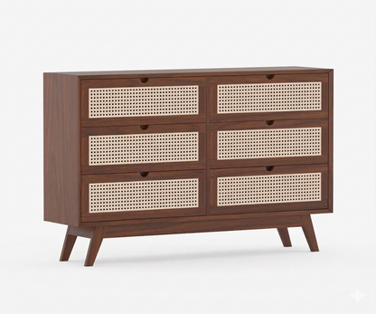 Space Galaxy Furniture Solid Sheesham Chest Of Drawers Rattan Cane | Storage Type:  6 Drawers | Finish:-Provincial Teak Finish
